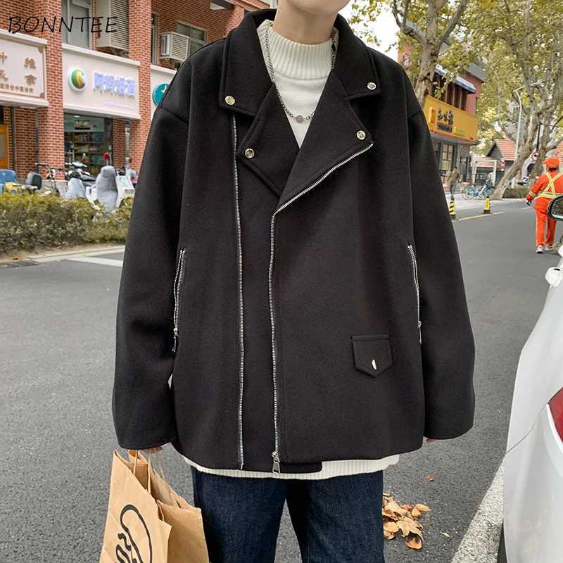 Blends Coats Men Notched Clothing Pure Color Zipper Handsome Vintage Korean Fashion Outwear Streetwear Casual Designer All-match LX241010