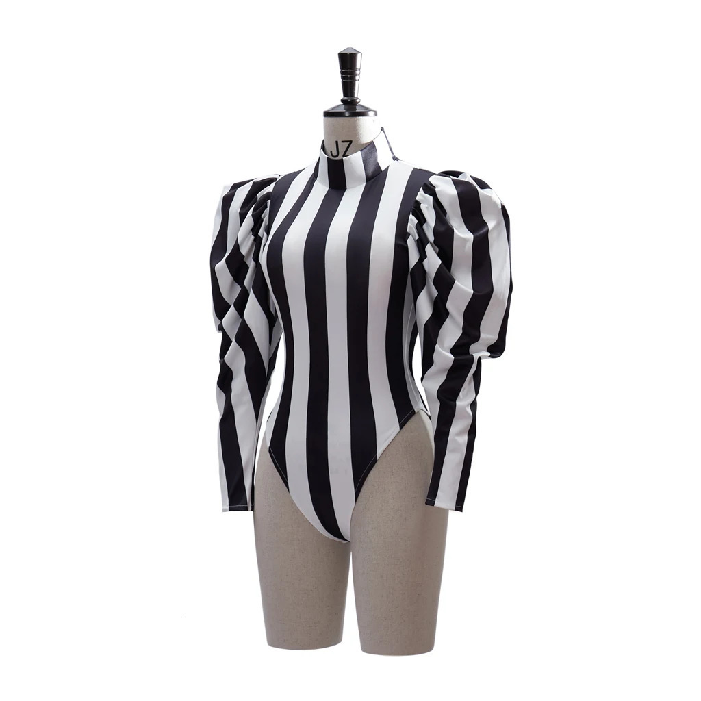 Victorian Gothic costume sexy dress black and white striped jumpsuit roleplaying Halloween 241007