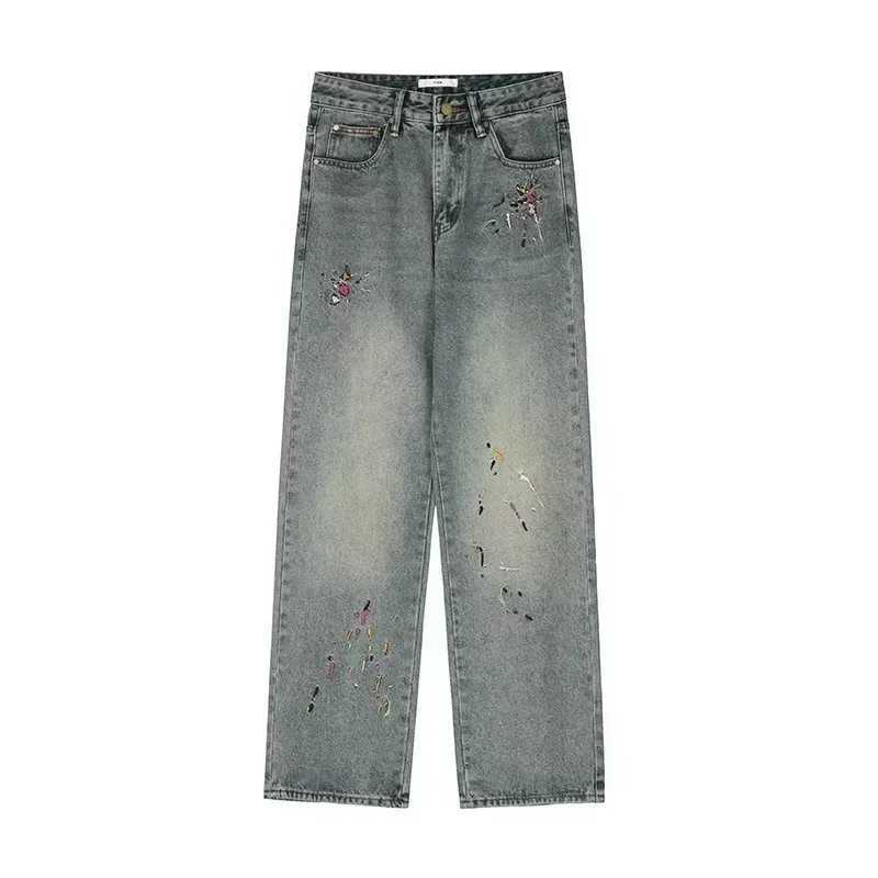 2024 New Mens Graffiti Embroidered Baggy Jeans Retro Straight-leg Denim Trousers High Street Distressed Y2K Jean pantalonesX241009