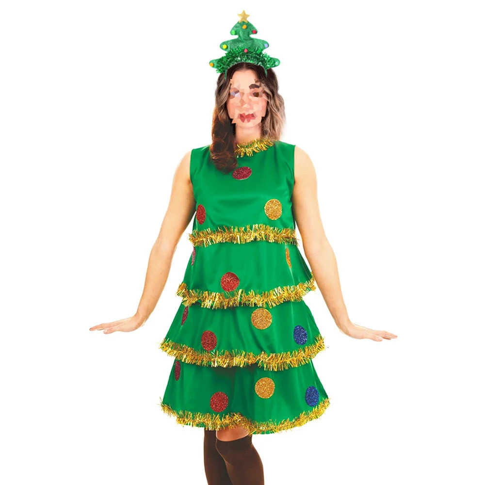 Womens Christmas tree roleplaying costume green pleated sleeveless dress headband socks fancy Halloween party 241007