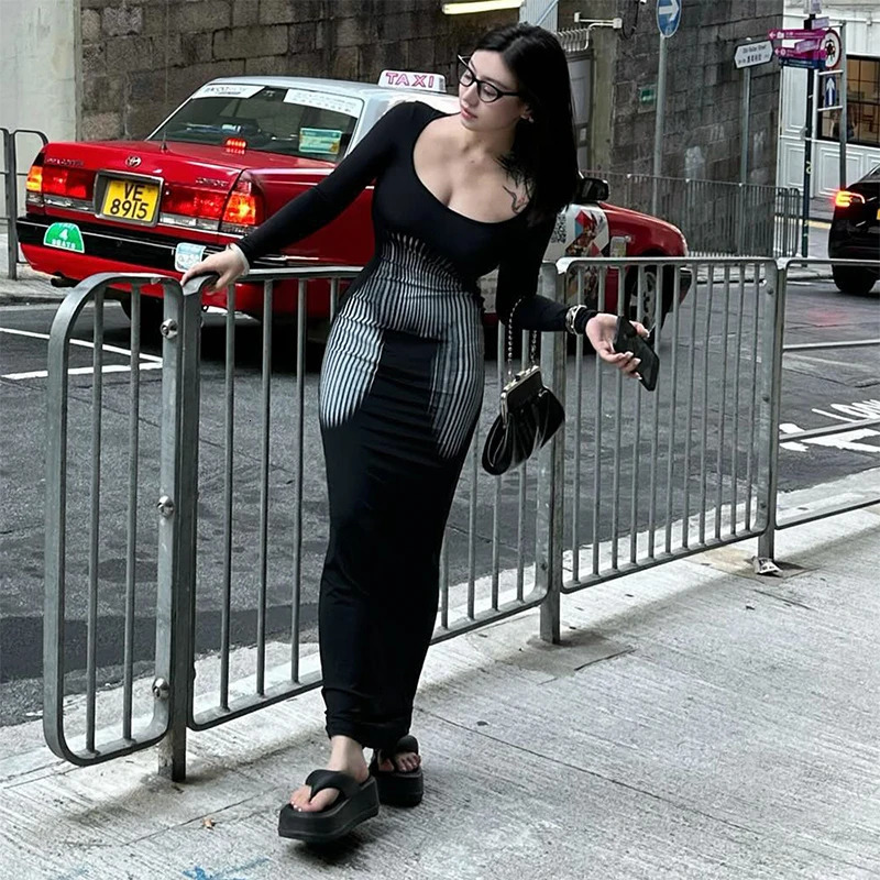 CUTENOVA Women Square Collar Long Sleeve Dress High Waist Abstract Sexy Stripe Body Print Dress Casual Wrap Hipster Mermaid Dres 241010