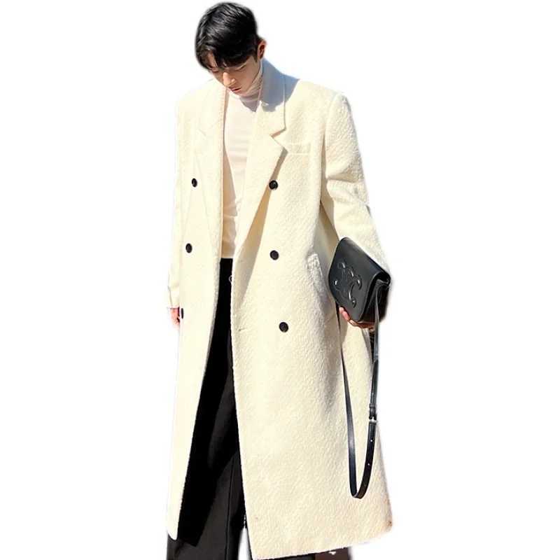 IEFB Men Woolen Coat Autumn Winter Korean Fashion Versatile Thickened Double Breasted 2023 Solid Color Male Trench Overknee LX241010