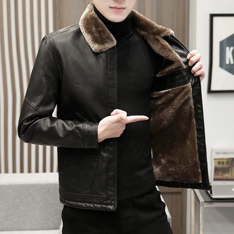 Mens thick wool Pu leather jacket mens casual fashion ultra-thin windproof jacket mens artificial fur plush coat winter velvet warm 240927