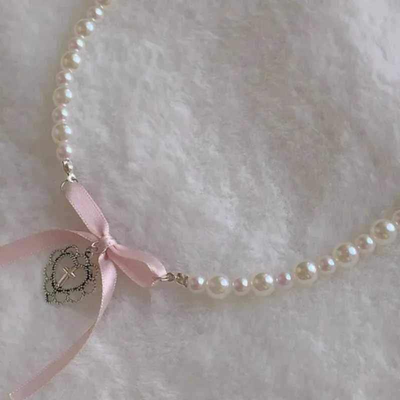 Kpop Goth Pink Ribbon Bow Imitation Pearl Beads Choker Necklace Y2K Sweet Cute Heart Pendant Clavicle Chain Girl Lolita JewelryX241009