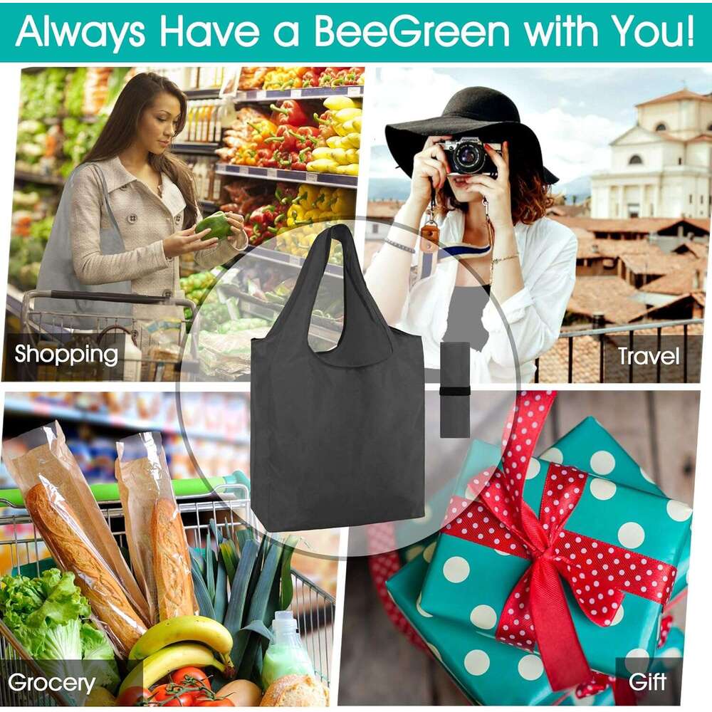 BeeGreen 10 Pack Black Storage Pouch Reusable Shopping Bulk with Elastic Band 50LBS X-Large-Foldable-Washable-Heavy Duty-Waterproof Grocery Tote Bags