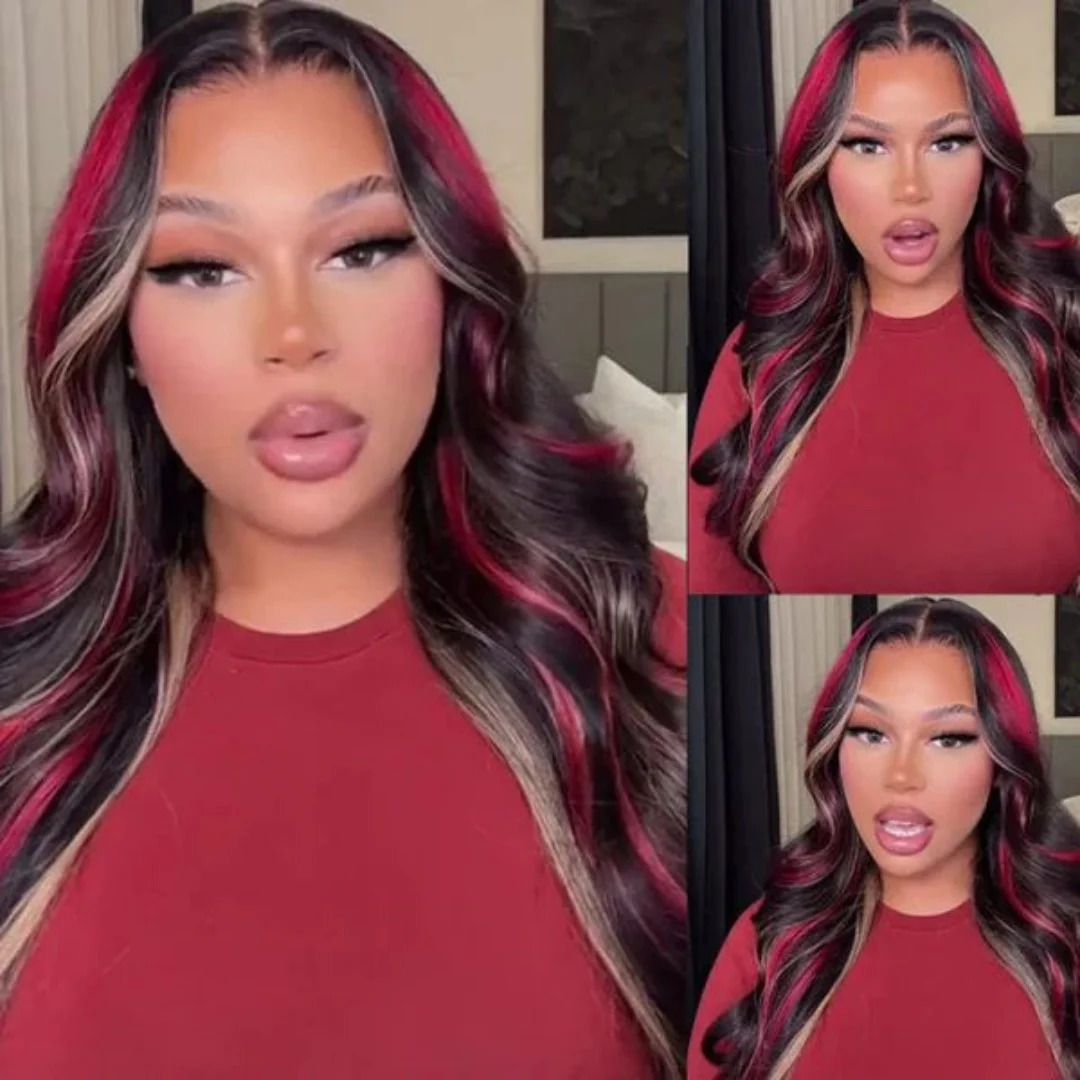Black red gold high gloss wig synthetic 13x4 lace front wig red and gold loose wavy wig lace front wig female 241007