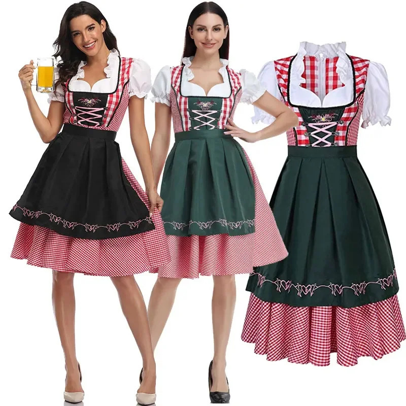 Womens Beer Festival Plaid Dirndl Dress German Bavarian Waiter Role Playing Costume Halloween Carnival Party 241007
