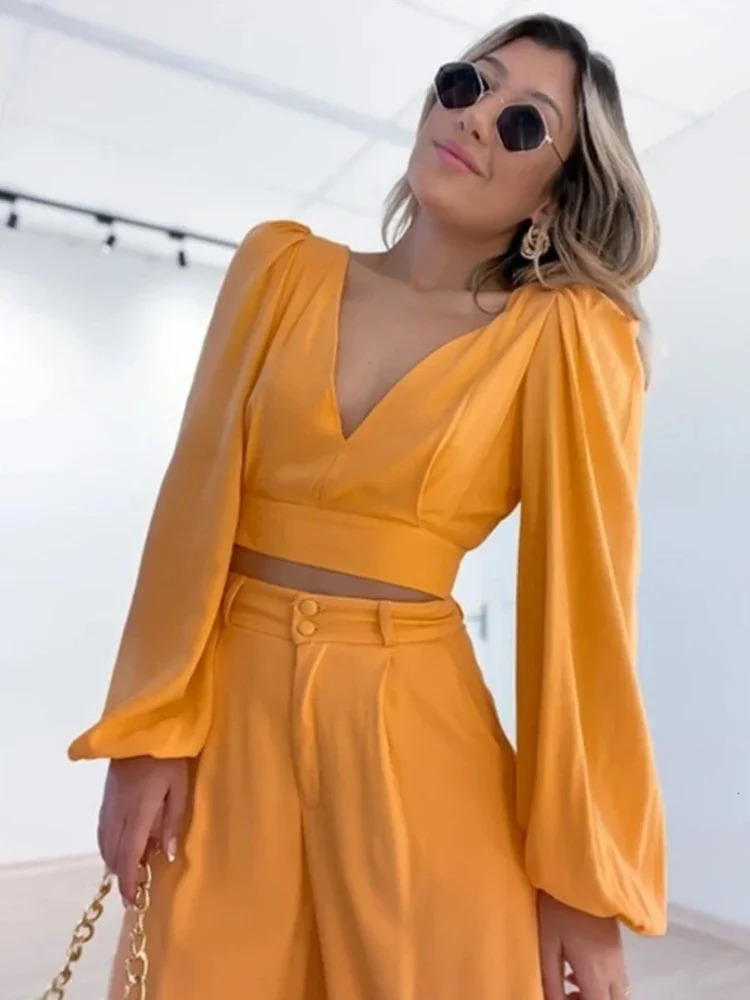 Laxsesu twopiece pants set sexy womens long sleeved shirtwide leg autumn streetwear casual clothing 241008