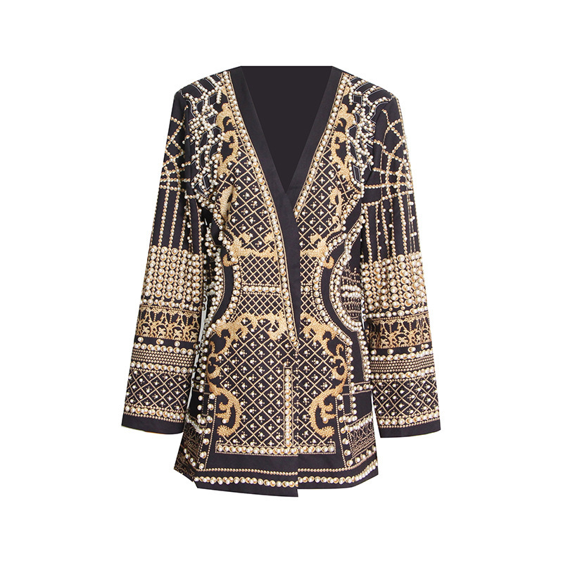 french petite suit 2024 new fashion vneck nail bead print long sleeved highend suit jacket for women