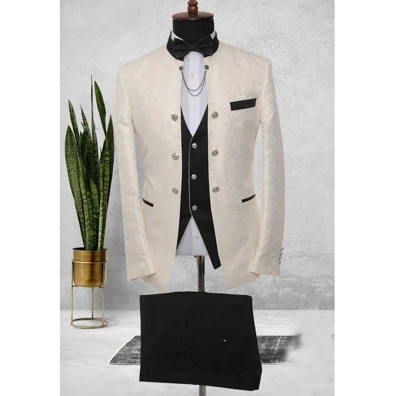 Floral Suits for Men with Stand Collar Double Breasted Formal Wedding Tuxedo Custom Fashion Costume 2024 (Jacket + Vest + Pants)