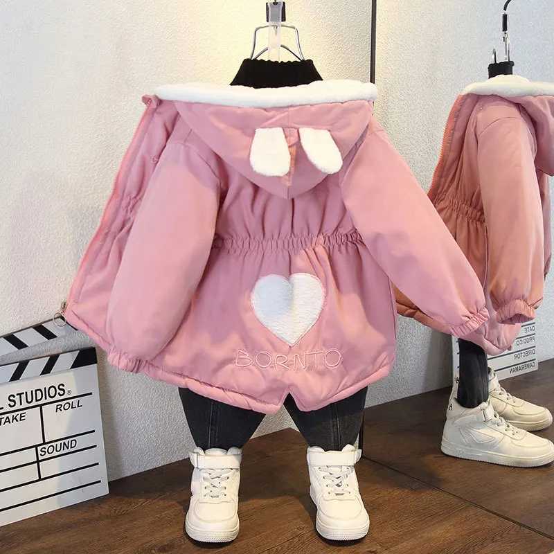 Down Coat Autumn and winter childrens coat hooded zipper warm cotton jacket plush thick girls clothing pink yellow cute long coat top H241010