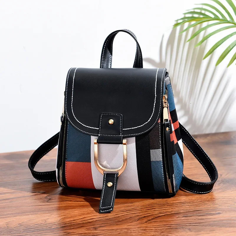 Womens Splicing Backpack PU Leather Knapsack Youth School Bag Casual Lock Mochila Plaid Multi functional 241008