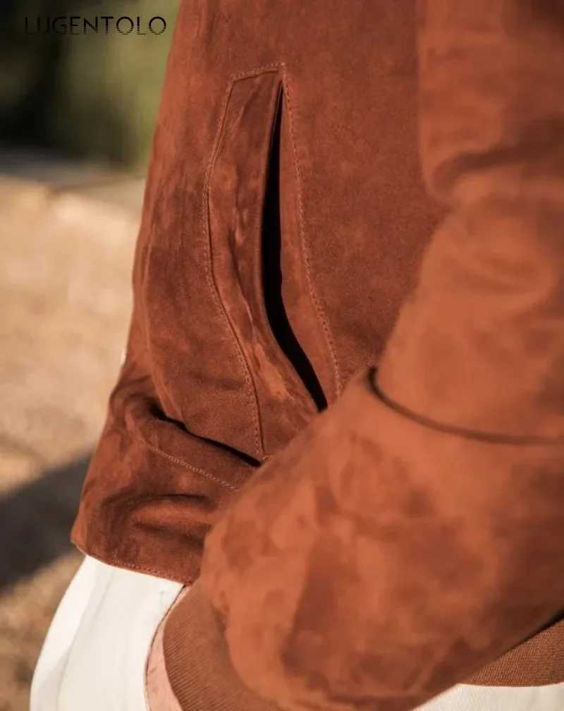 Mens Fashion Jacket Autumn New Retro Suede Hot Coat Solid Color Stand up Collar Open Fleece Sweater Retro Bomber Baseball Shirt Z241010