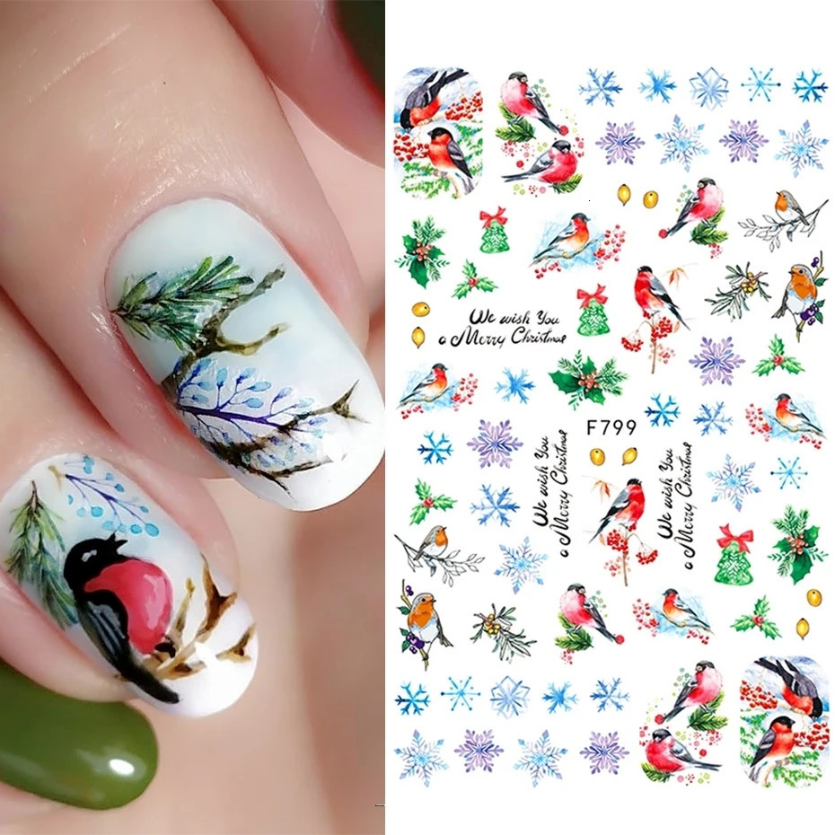 Winter Christmas nail stickers snowflakes magpies birds 3D sliders leaves Halloween Year decoration techniques trend foil 241008