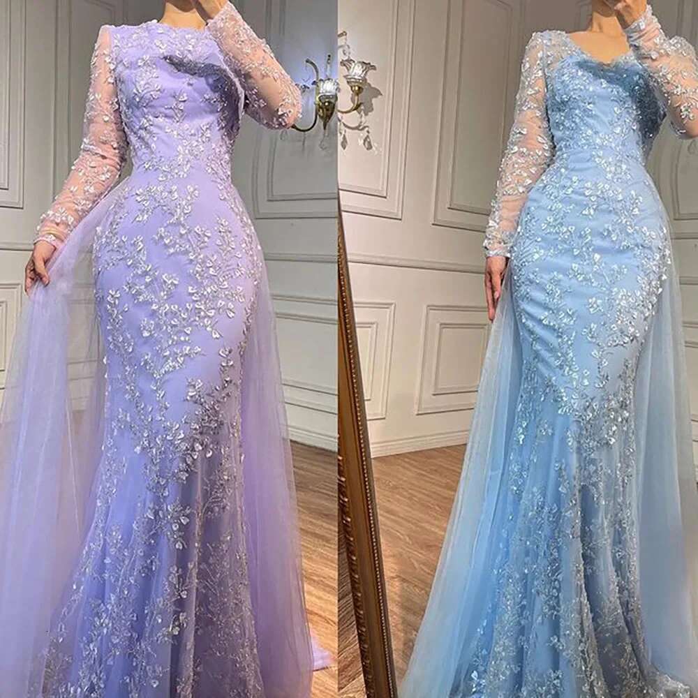 Blue Long sleeved Slim Fit Sexy Mermaid Fishtail Evening Women's Gorgeous Elegant Formal Party Dress 2024