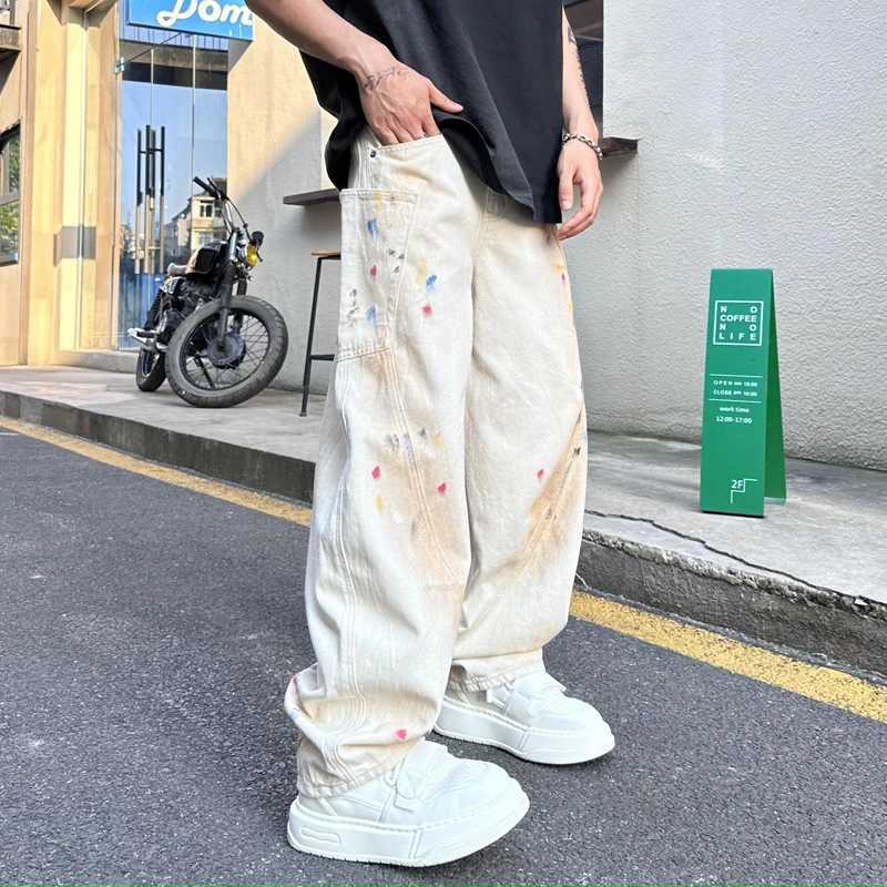 High-end personalized hand-painted loose jeans mens straight-legged wide-legged pants influx of mens denim male modelsX241009