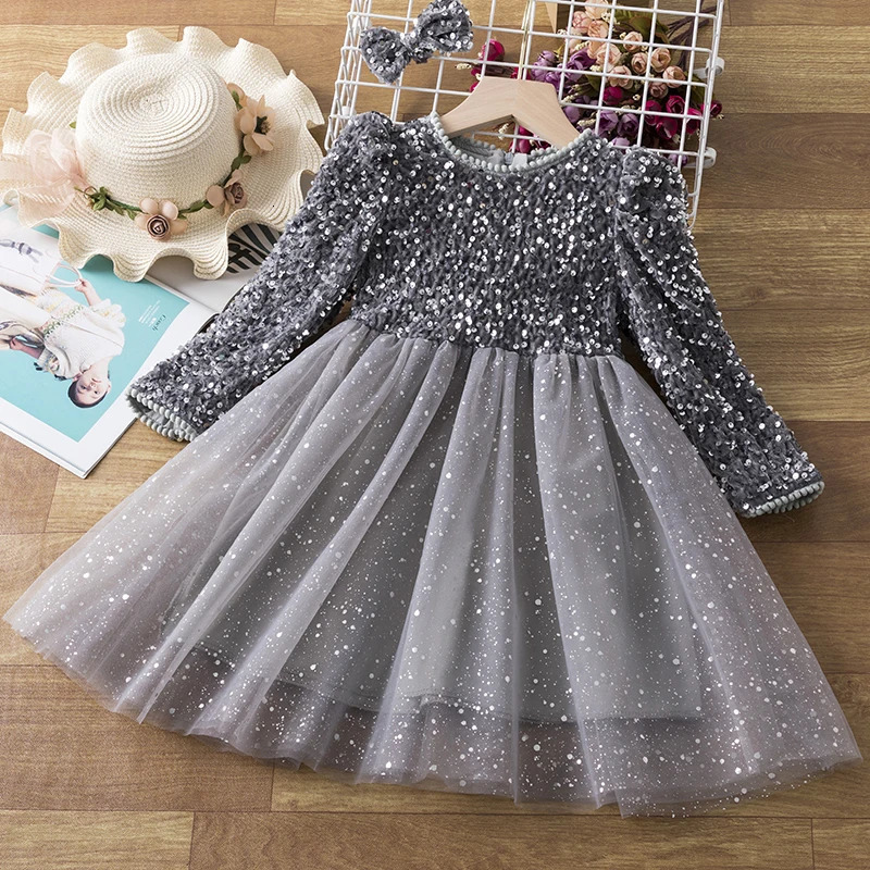 Glitter Girl Princess Party Dress 3-8 Year Old Childrens Birthday Wedding Evening Ball Dress Spring Autumn Long Sleeve Childrens Dress 241008