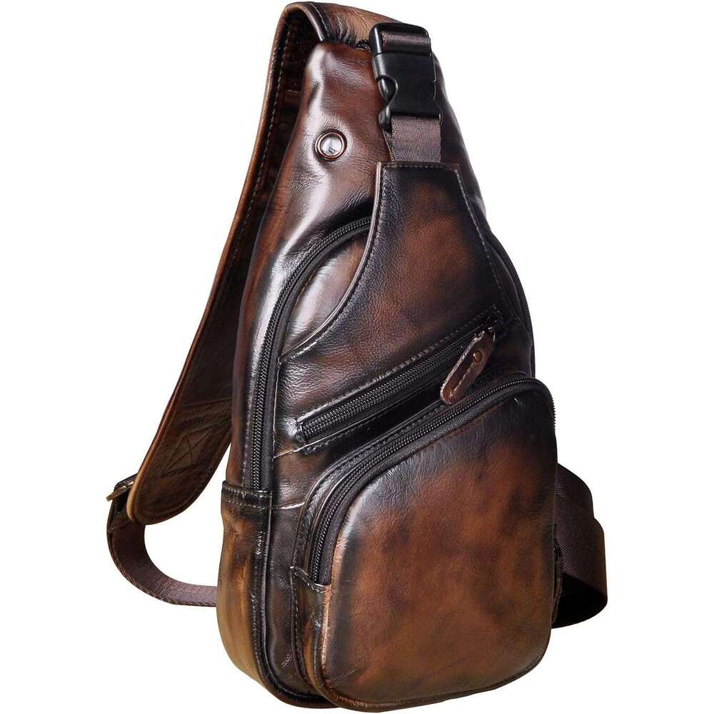 Fashion Casual Tea Travel Hiking Crossbody Chest Sg Rig One Shoulder Strap Bag Men Leather 8015