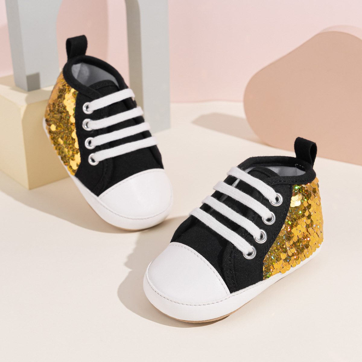 Fashion Sequin Baby Sneakers High Top Anti Slip Soft Soled Infant Boy Girl Shoes Happysteps Toddler Rubber Comfortable Casual Shoes