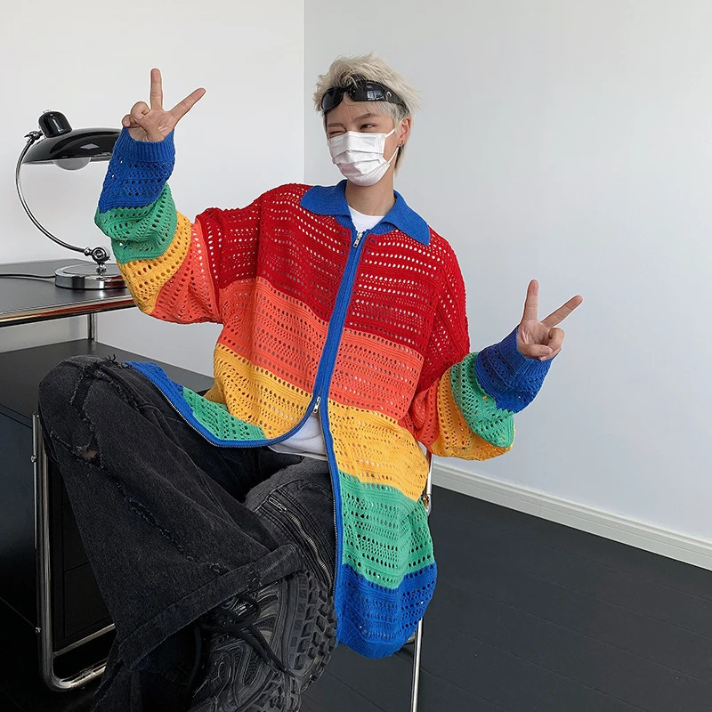 Rainbow cardigan mens loose lapel board stripe Y2K young vitality fashion senior daily knitting fashionable retro 241007