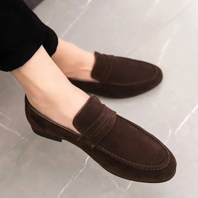 Dress British Simple Casual Black Loafers Lightweight Suede Slip-on Pointed Toe All-Matching Office Driving Mens Shoes H240807 241122