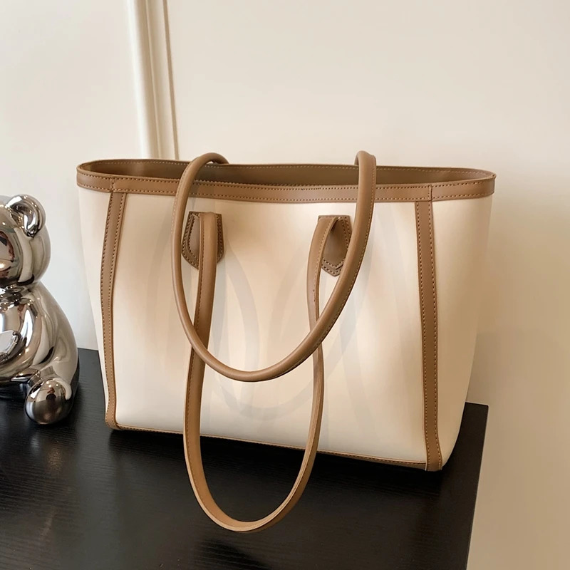 PU large capacity handbag womens retro contrasting color zipper texture Versatile Communicating Simple Shoulder Bags 241008