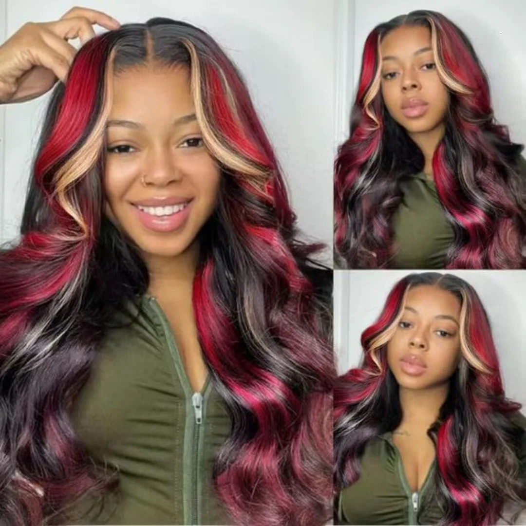 Black red gold high gloss wig synthetic 13x4 lace front wig red and gold loose wavy wig lace front wig female 241007