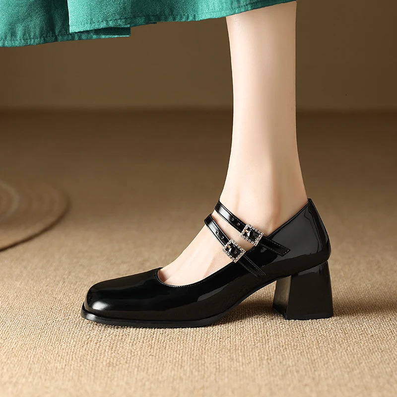 Spring Women Pumps 6cm Mary Jane Shoes French Double Strap Elegant Buckle Spring Autumn Patent Leather Burgundy Shoes 44 241007
