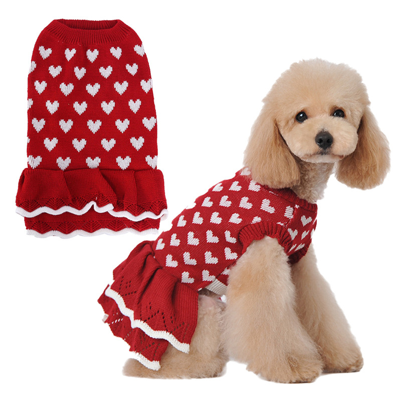 Dog Knitted Sweater Dress Heart Puppy Sweater Warm Soft Pet Holiday Clothes for Small Cats and Dogs