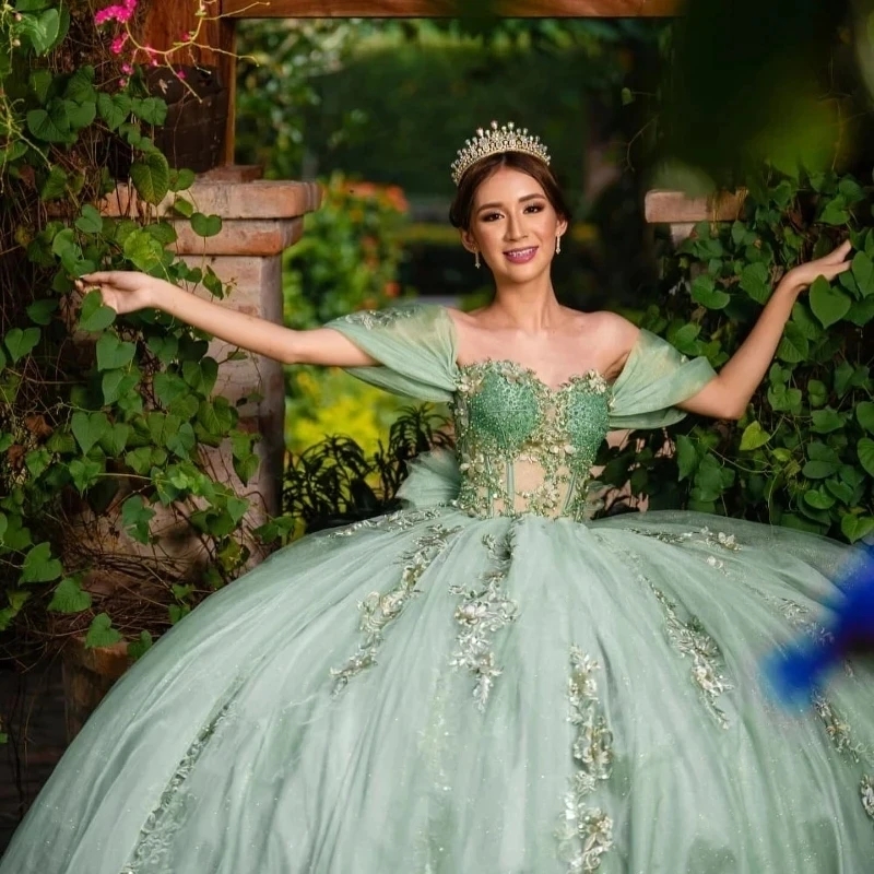 Mint Green Sweetheart Ball Gown Quinceanera Dresses Applique Lace Beads Tull Off the Shoulder Party Gown Sweet 16 Vestido De 15 Anos
