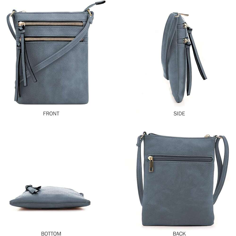 Crossbody Bag Functional Multi Pocket Double Zipper Adjustable Strap | Medium Size Purse |Dark Blue