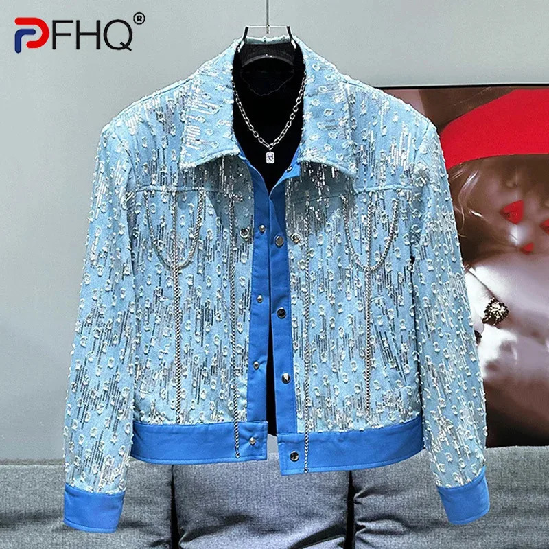 PFHQ Korean Fashion Metal Chain Decoration Hole Denim Jacket Autumn Winter Sequin Contrast Color Male Tops 21Z6055 241010