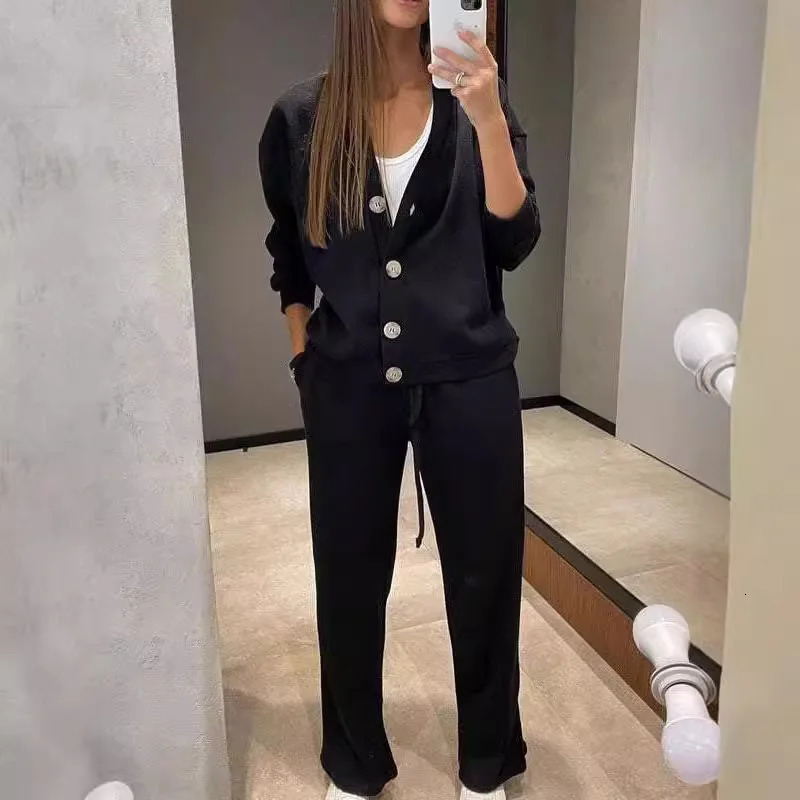 casual womens knitted pants set Vneck long sleeved single chest sweater cardiganlong twopiece 241008