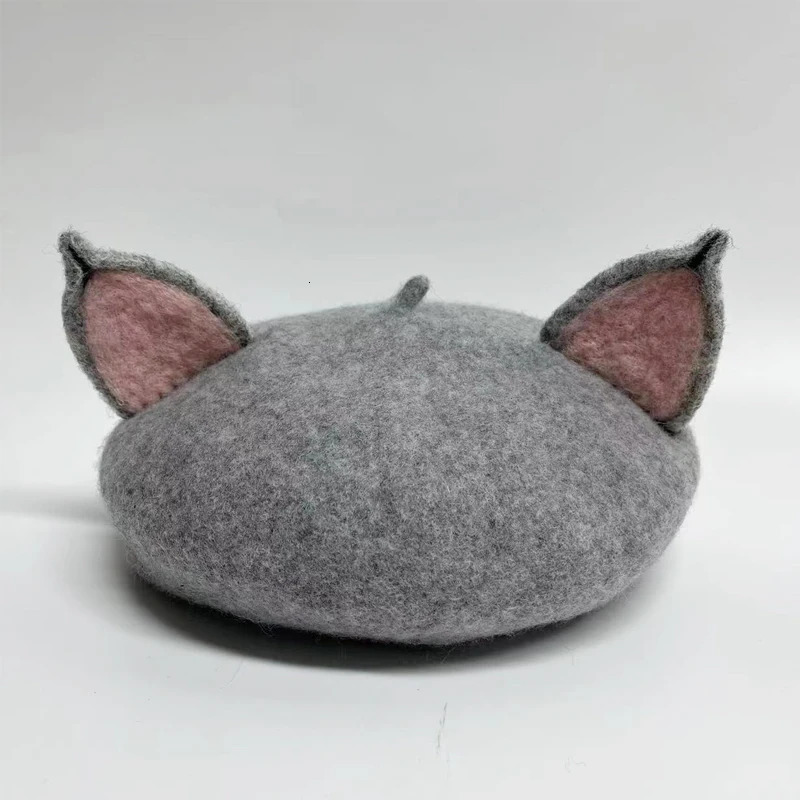 Retro Womens Cute Fox Ear Woolen Beret Caps Real Wool Casual Warm Painter Hat Handmade Nick Cat Ear Beret Hat Gift RH 241009