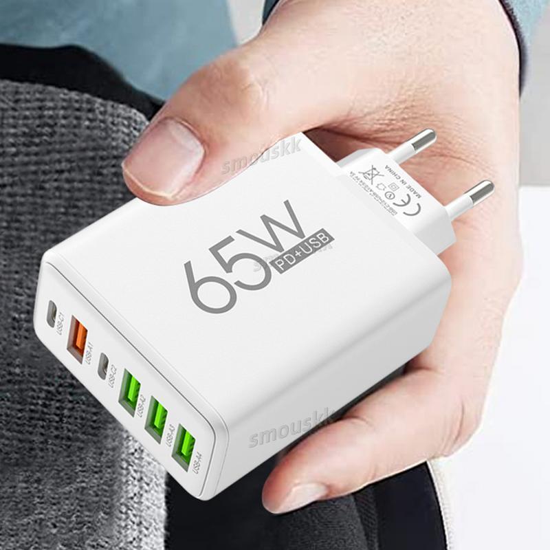 Multiple Ports 6 Block 4 USB And 2 Type-C 65W Port Charging Adapter Wall Charger Plug Fast