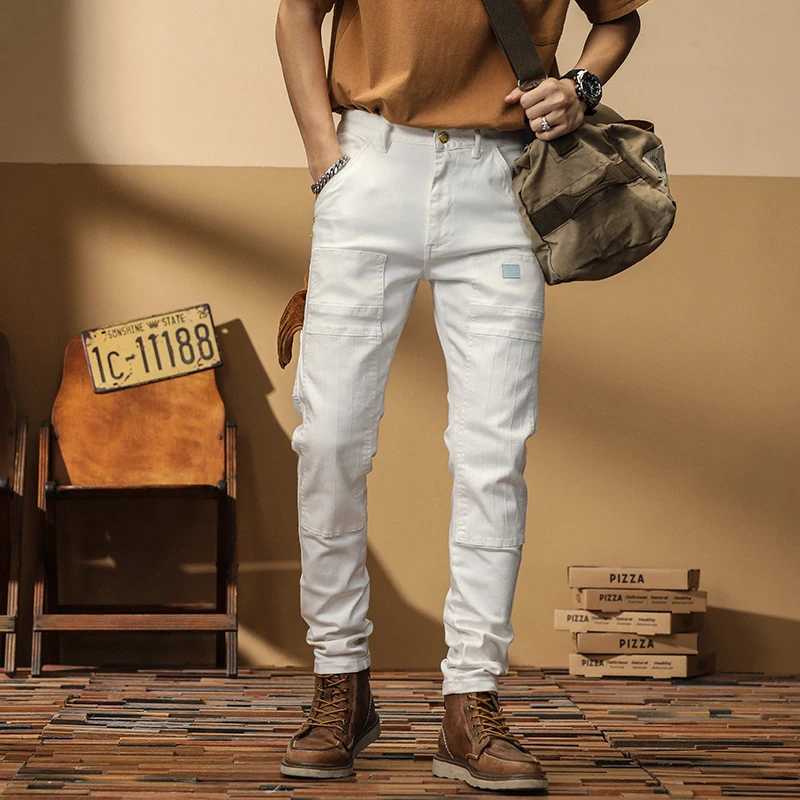 White Stitching Jeans for Men Fashion Slim Stretch Multi-pocket Personality Biker Denim Jeans Pants Trousers Male StreetwearX241009