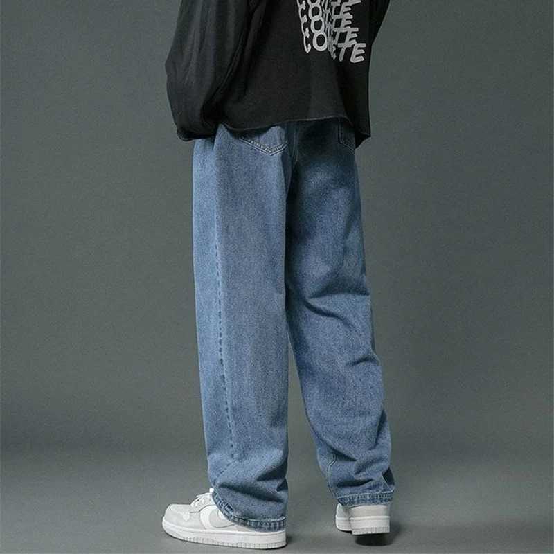 Korean Mens Casual Hip Hop Long Baggy Jeans Classic Man Straight Wide Leg Denim Pants Light Blue Grey Black Streetwear TrousersX241009