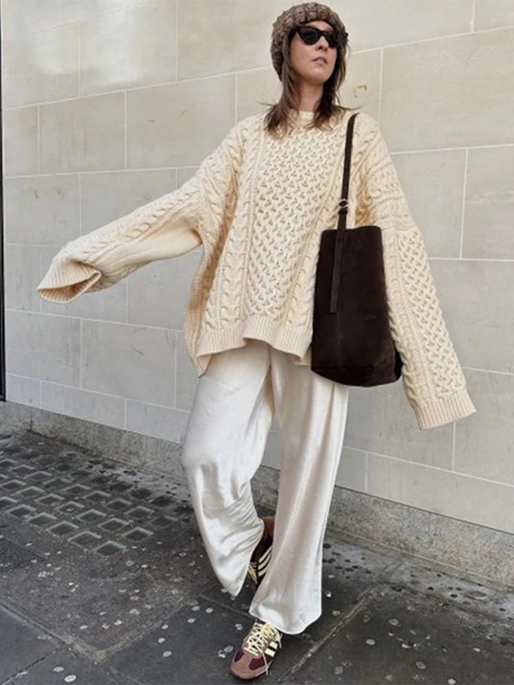 Oversize Knit Pullover Women Casual Loose Round Neck Solid Long Sleeves Sweater Female 2024 Autumn Winter Lazy Knitwear Lady 241010