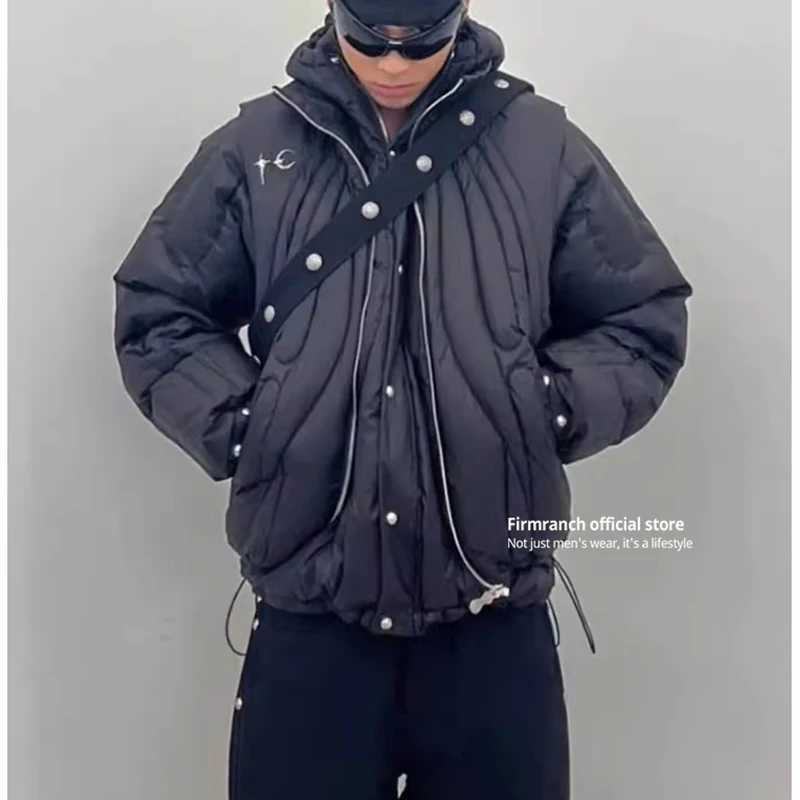 Men's Down Parkas Firmranch New Star Moon Metal Buckle Black Hooded Puffer Jackets For Men Women Strtwear Full Zip Up Down Coat Winter Parkas Y24