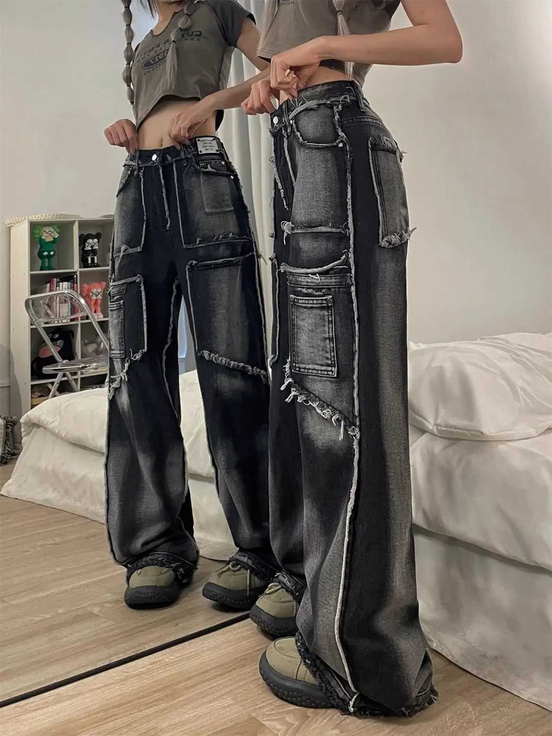 American high street hip-hop men and women trend tie dye fringed straight leg jeans autumn loose personality retro casual pantsX241009