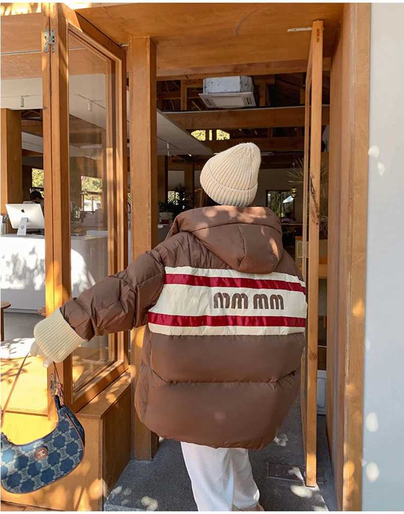 Men's Down Parkas Fashion Color Contrast Letter Hoodie Womens Winter Warmth 90 White Duck Down Coat Short Sleeve Knitted Sleeve Loose Cuffs Y2410