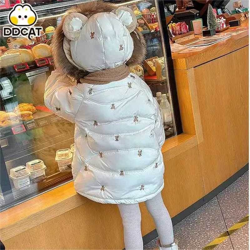 Down Coat Girl embroidery cotton jacket medium long 2023 new baby clothing winter big fur collar thickened childrens winter top H241010