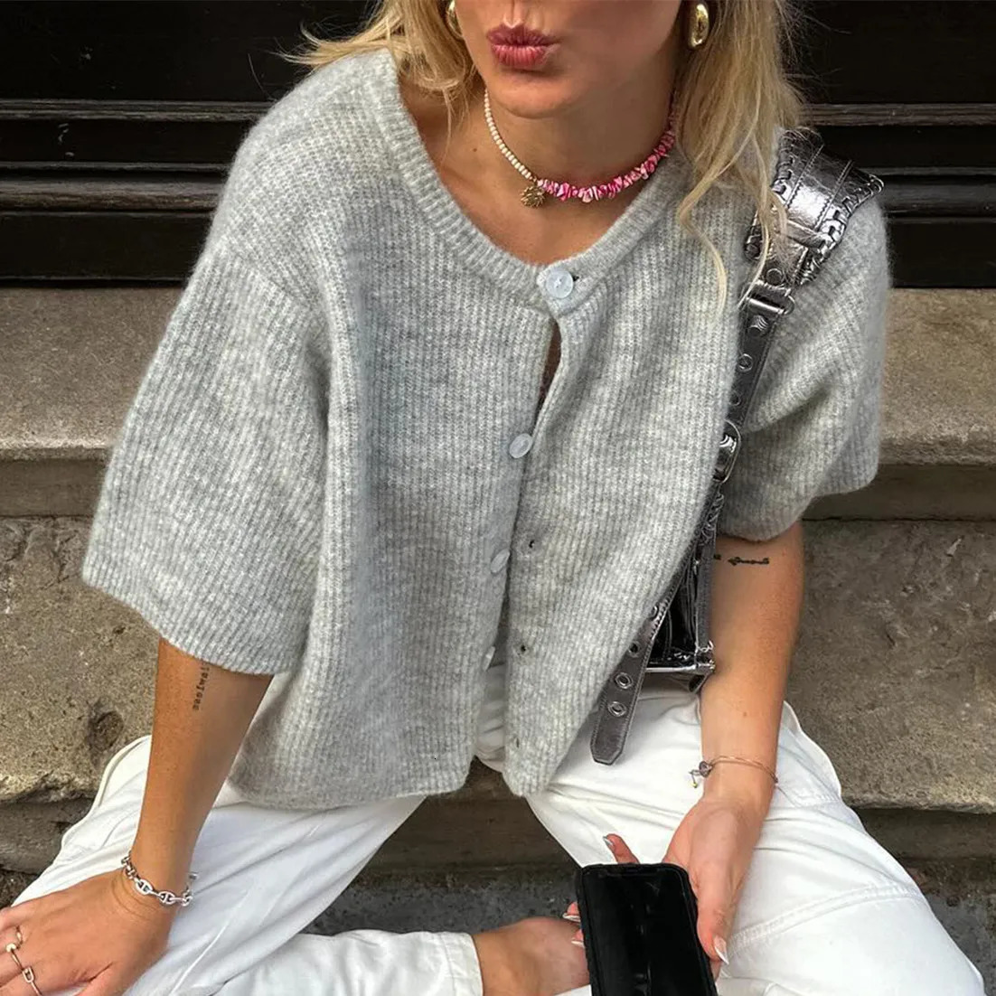 2000s Sweaters y2k Clothes Women Solid Color Round Neck Single Breasted Short Sleeve Cardigan Tops Fashion Streetwear 241010