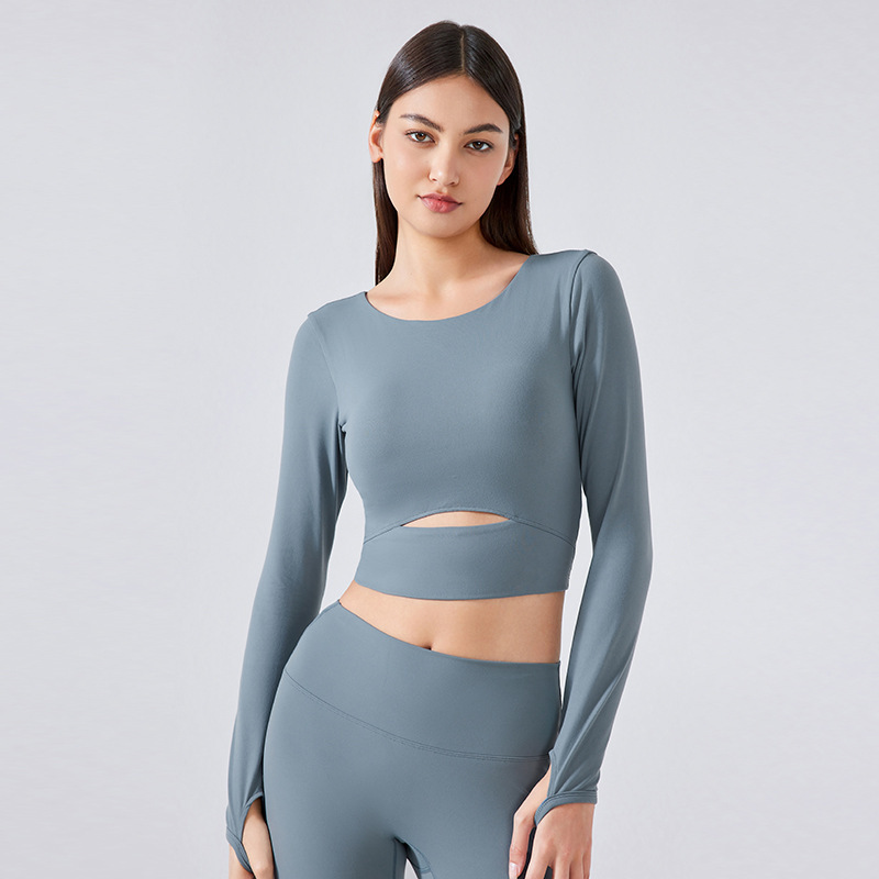 New nude yoga suit long sleeved with chest cushion elastic tight running and fitness top S2032