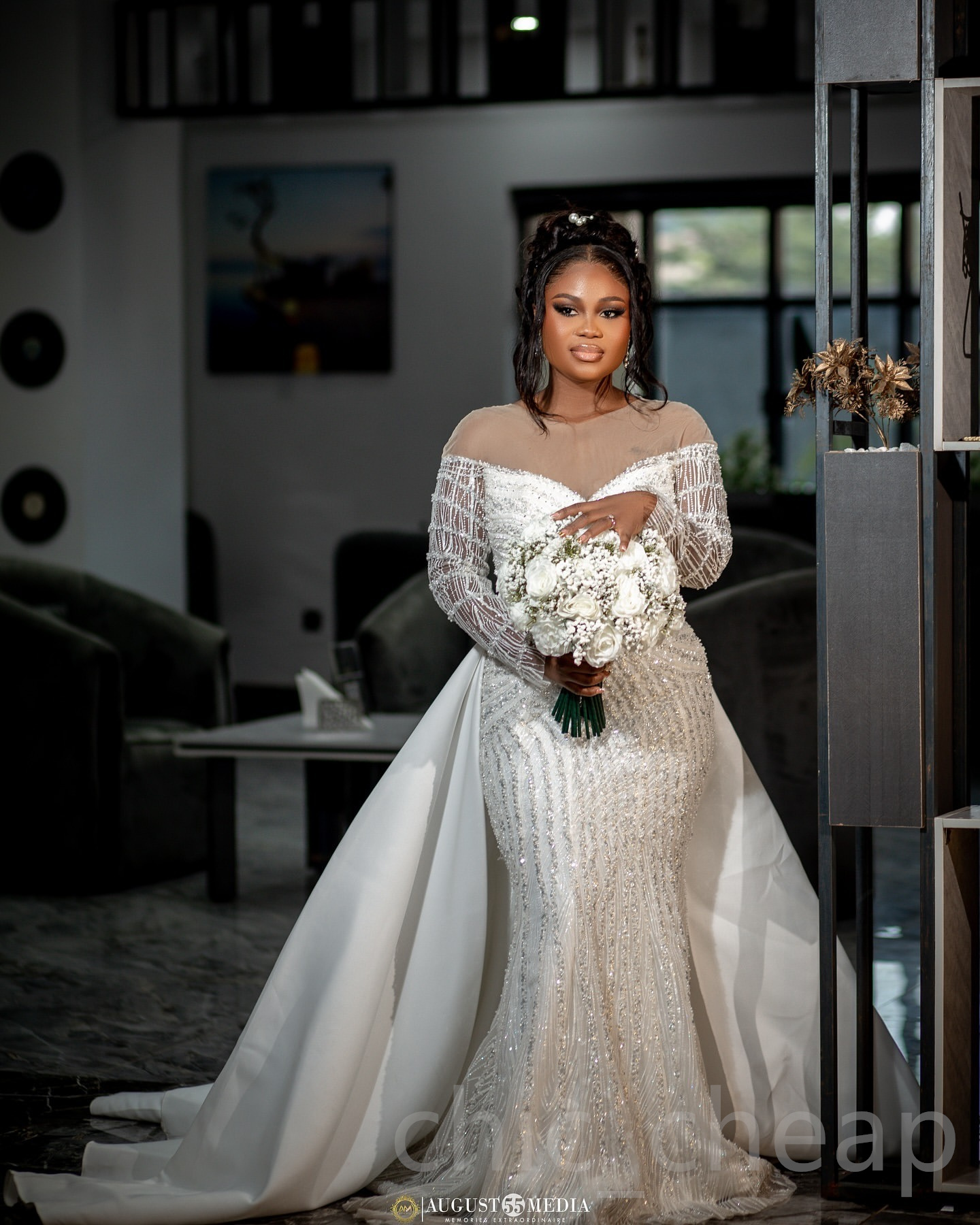 Aso Arabic Ebi Plus Size Off White Mermaid Wedding Dresses Full Sleeves Sequined Lace Detachable Train Tulle Vintage Elegant Bridal Gowns Dress ZJ