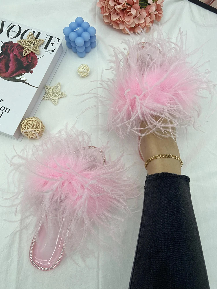 Women Ostrich Feather Slides Summer Natural Fur Fluffy Slippers Crystal Jelly Transparent Sandals Female Indoor Feather Shoes 240927