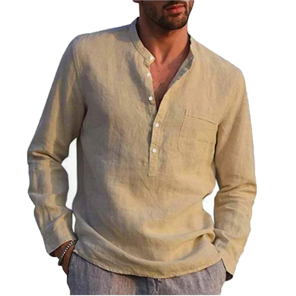 Cotton Linen Mens Long-Sleeved Shirts Summer Solid Color Stand-Up Collar Casual Beach Style Plus Size 241010