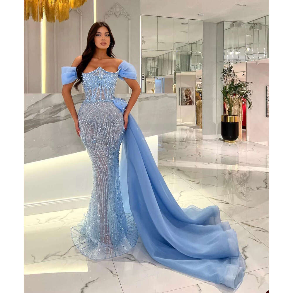 Elegant Blue Prom For Women Off Shoulder Beading Sequins Pearls Evening Dresses Custom Made