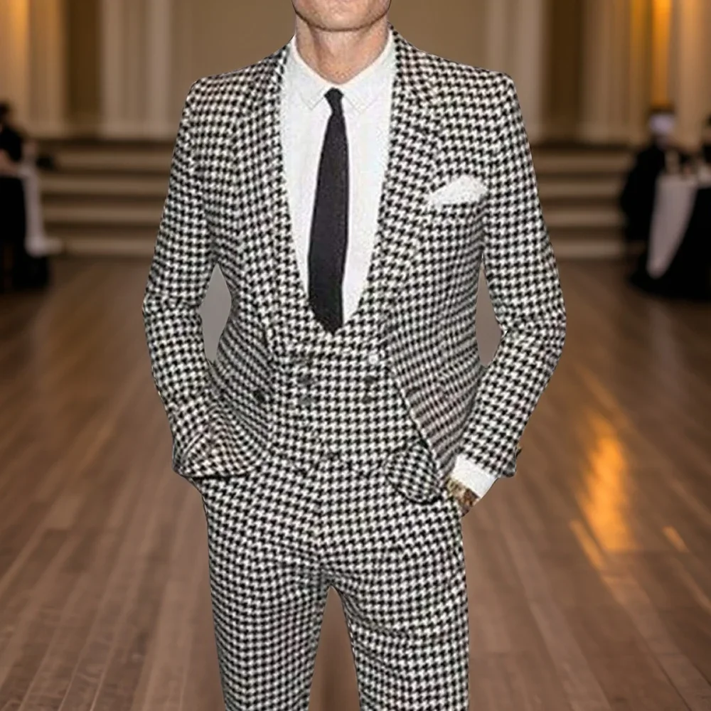 Plaid Men's Suits 3 Pcs Houndstooth Groom Tuxedos For Wedding Business Costume Notch Lapel Jacket (Blazer+Vest+Pants) 2024