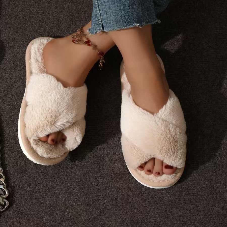 Casual Fluffy Slippers Women Home Flats Elegant Designer Shoes Girls 2024 Fashion Cotton Open Toe Platform Slides House